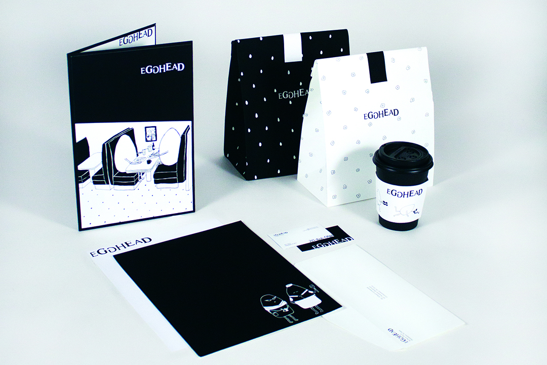 Pauline Nyren's Egghead restaurant to go packaging bags and coffee cup and menu